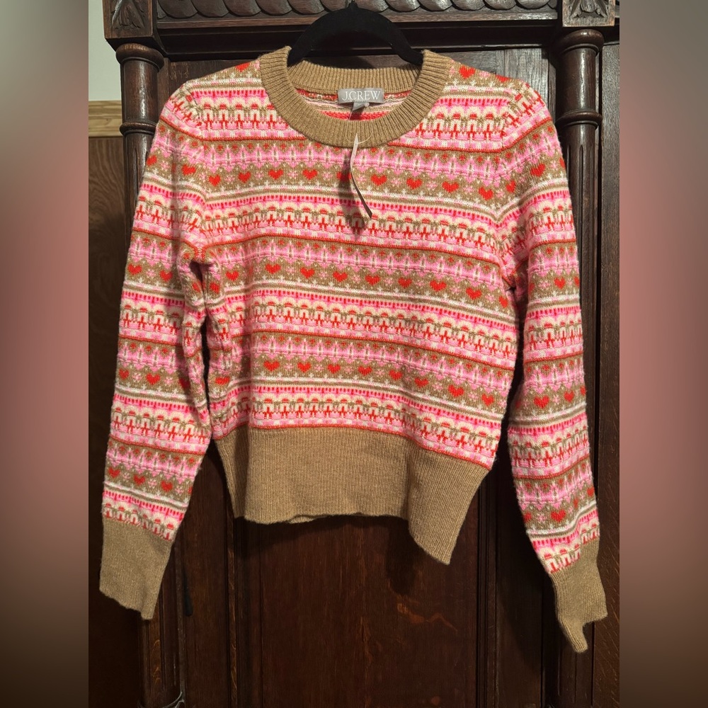 New J. Crew Women's Shrunken Fair Isle Hearts Puff Sleeve Nordic Sweater XS
